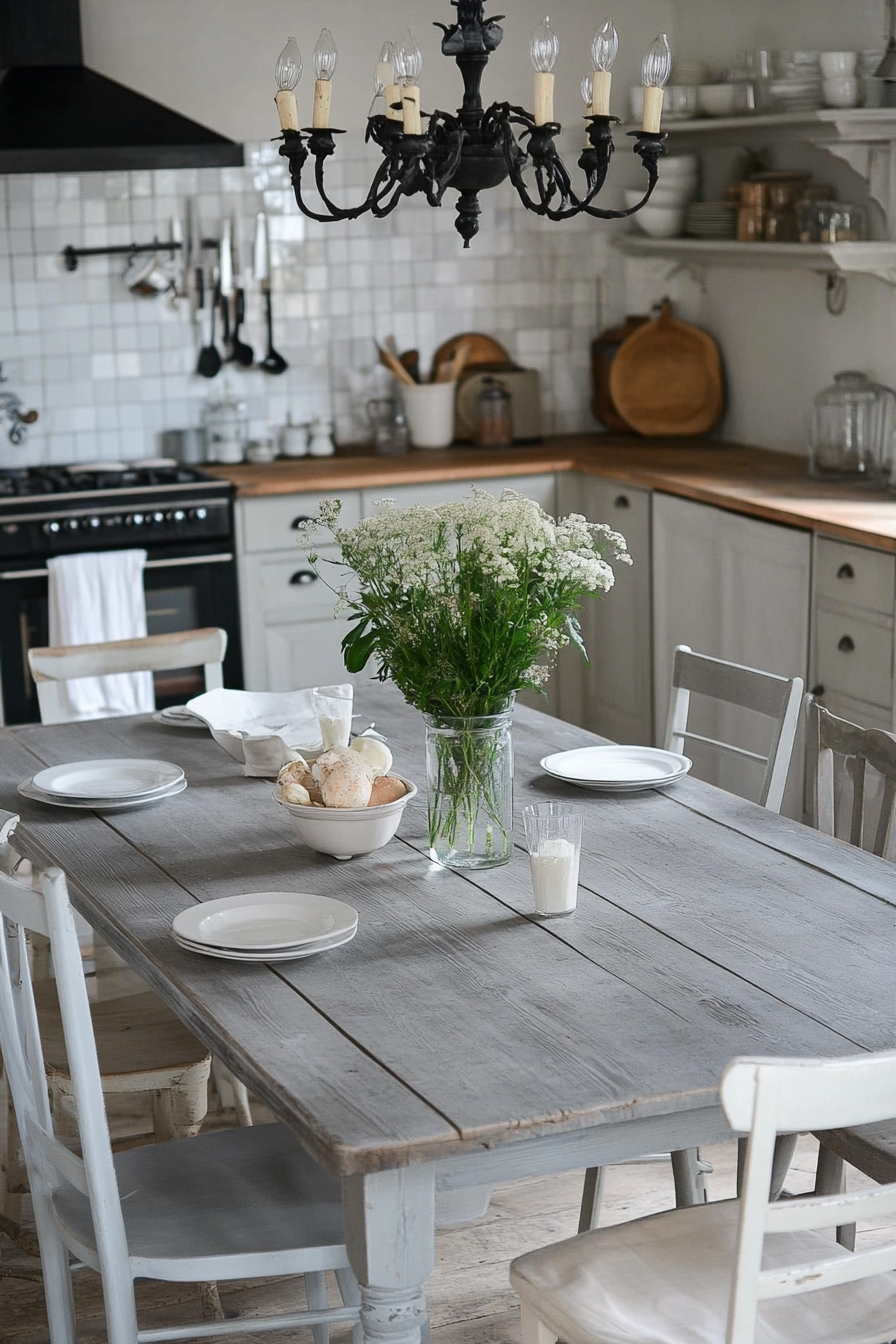 Gray farmhouse table with rustic decor