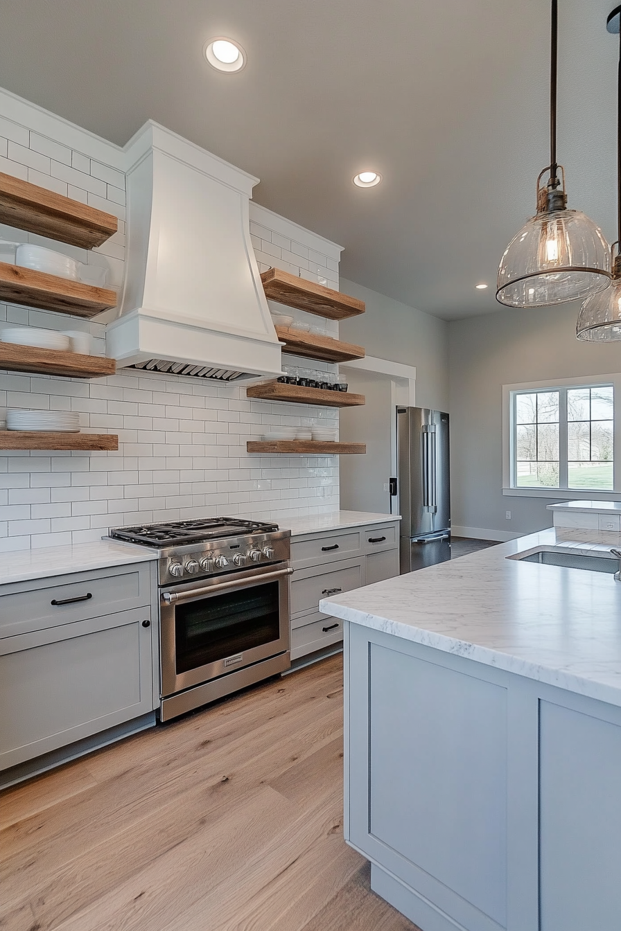 White and gray farmhouse kitchen with contrast