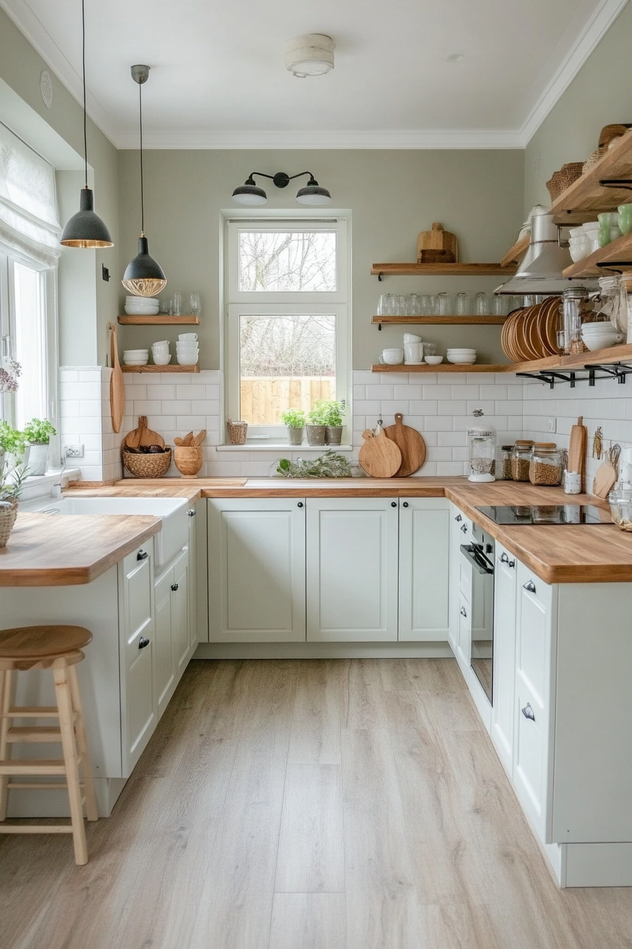 Light gray accents in a bright farmhouse kitchen