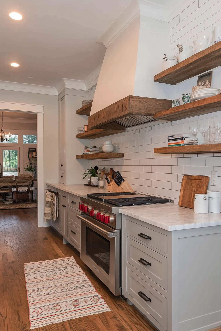 White and gray farmhouse kitchen with contrast