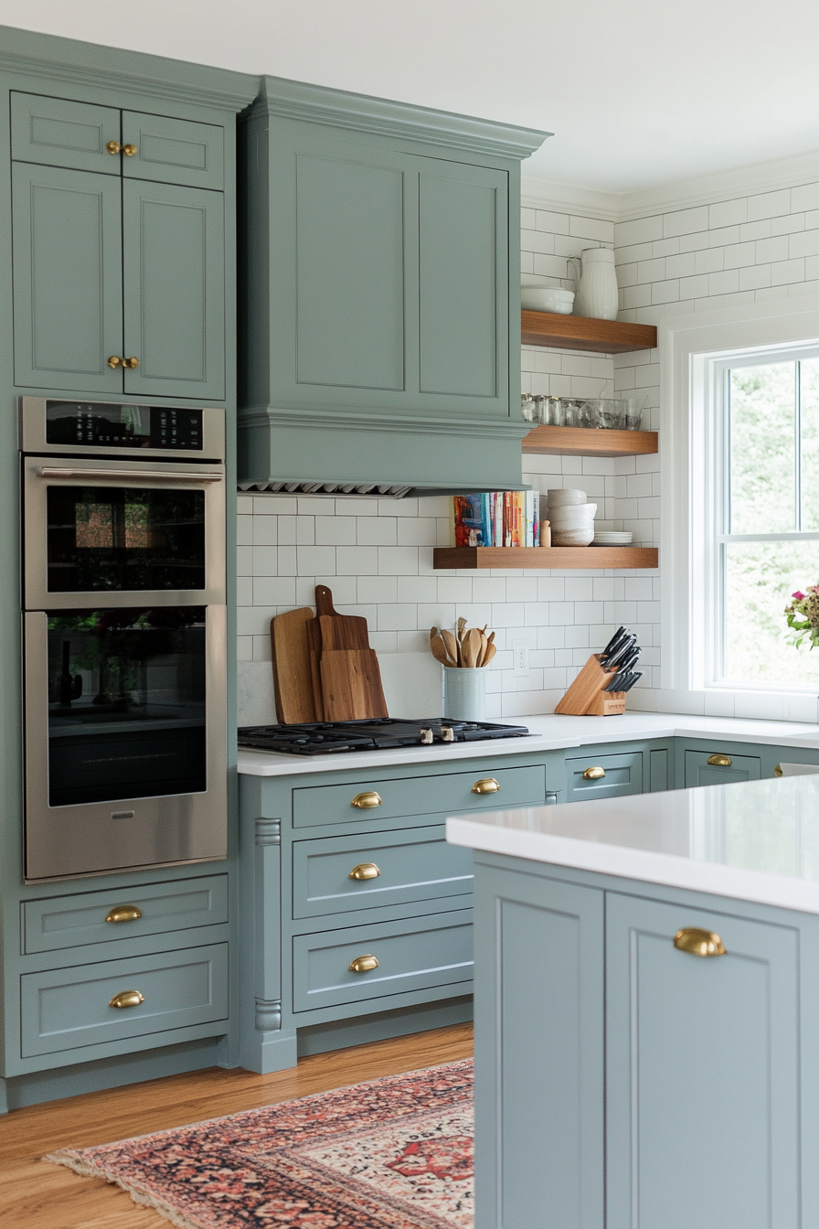 Blue-gray cabinets in a serene farmhouse kitchen