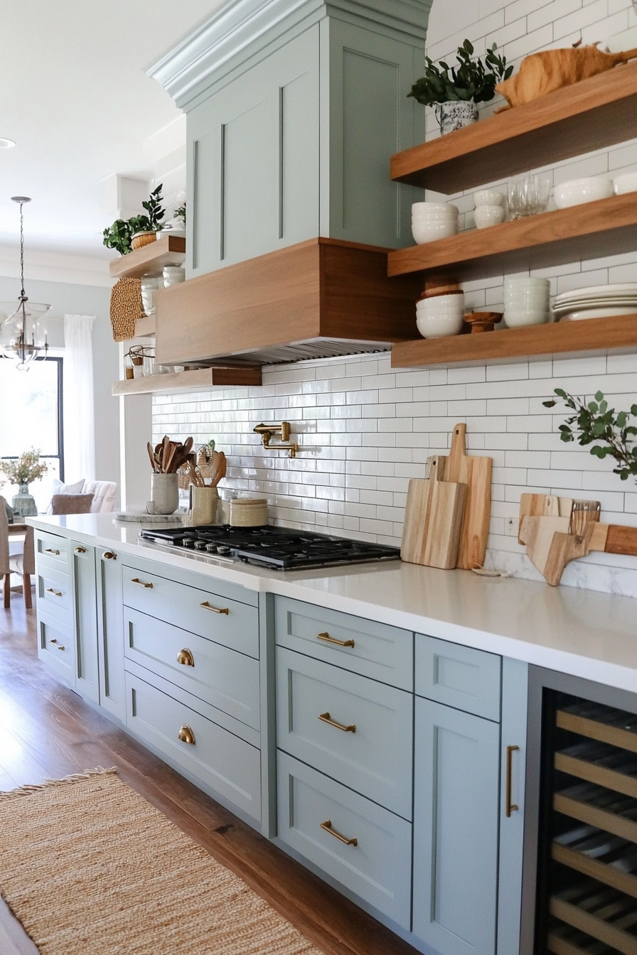 Blue-gray cabinets in a serene farmhouse kitchen