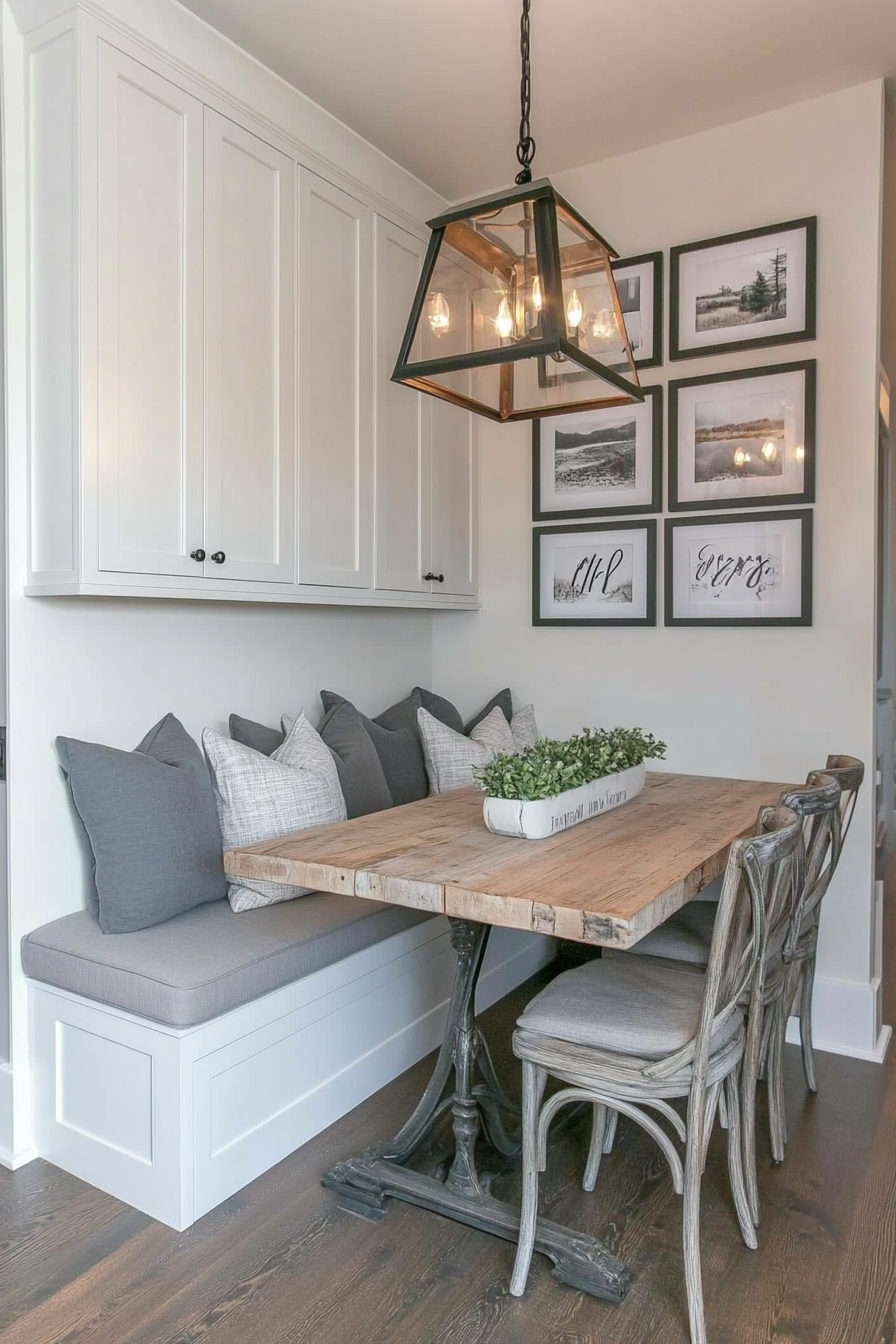 Cozy gray breakfast nook in a farmhouse kitchen