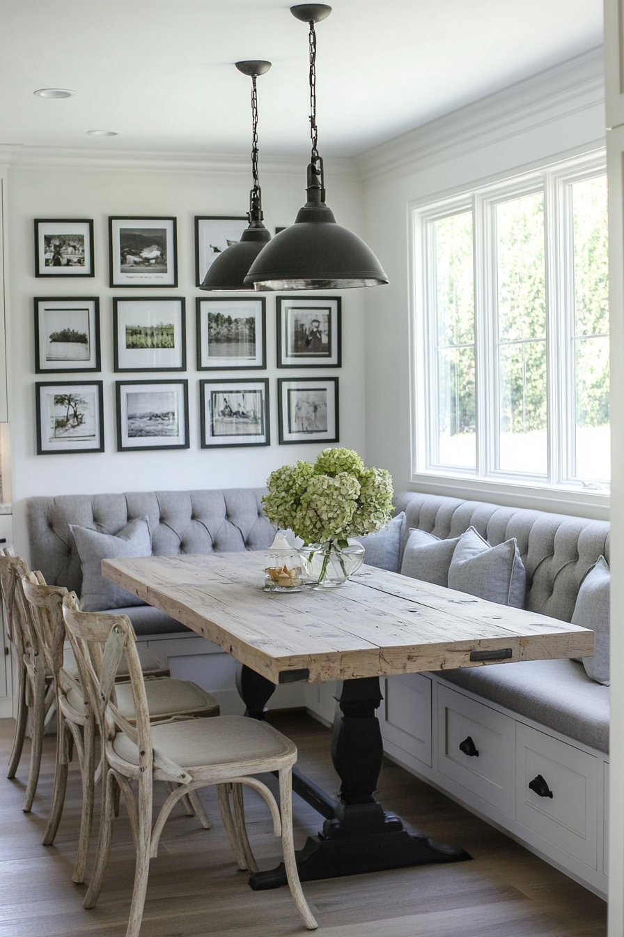 Cozy gray breakfast nook in a farmhouse kitchen