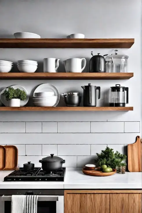 Open small kitchen with shelves