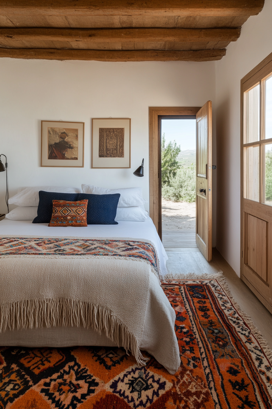 Colorful embroidered pillows in a bedroom