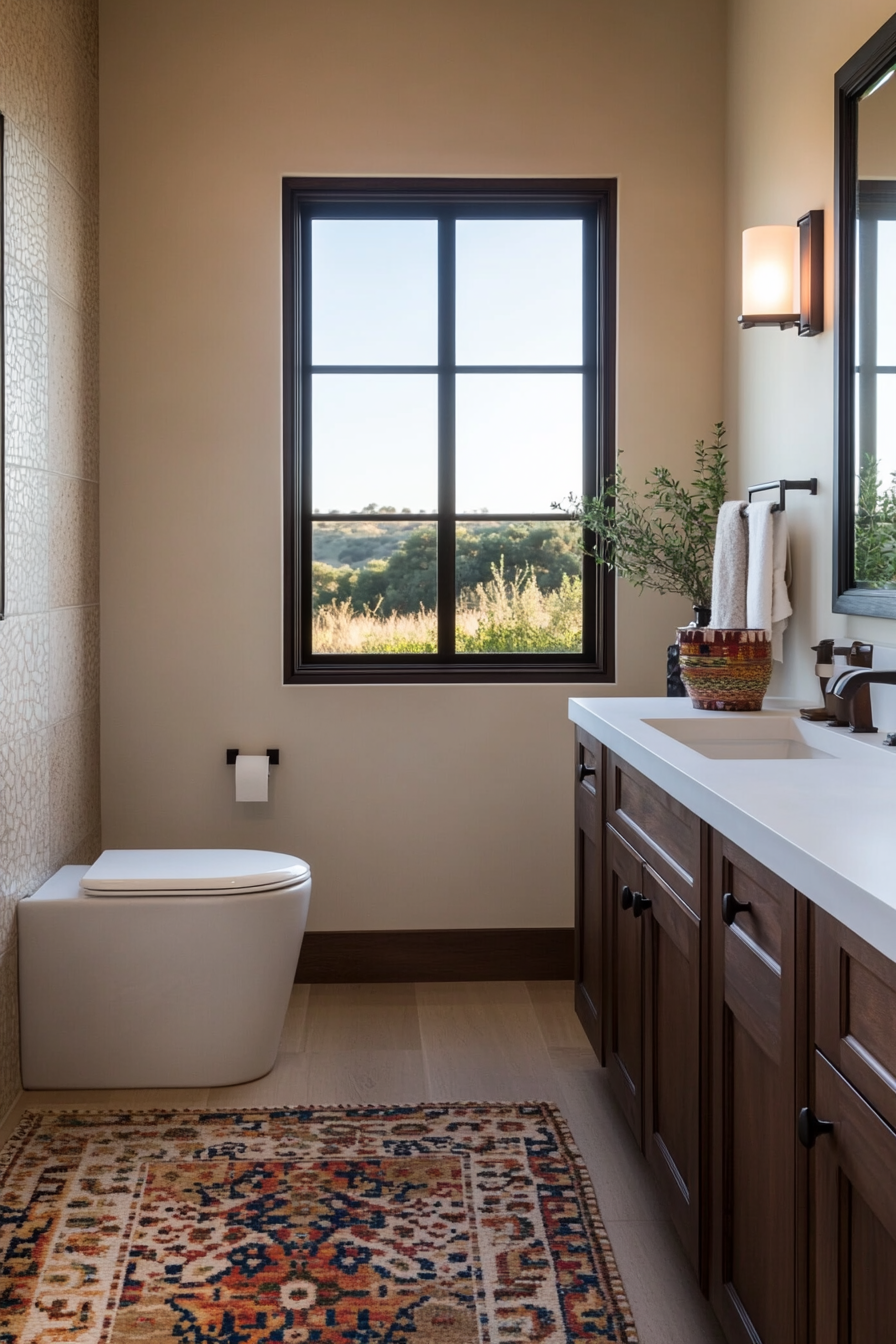 Bathroom with wrought iron mirror frame