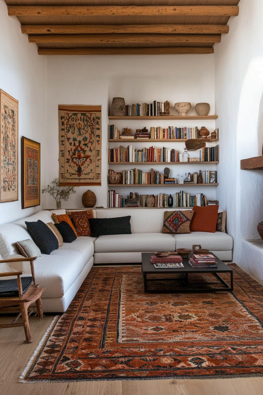 Mexican folk art displayed on shelves