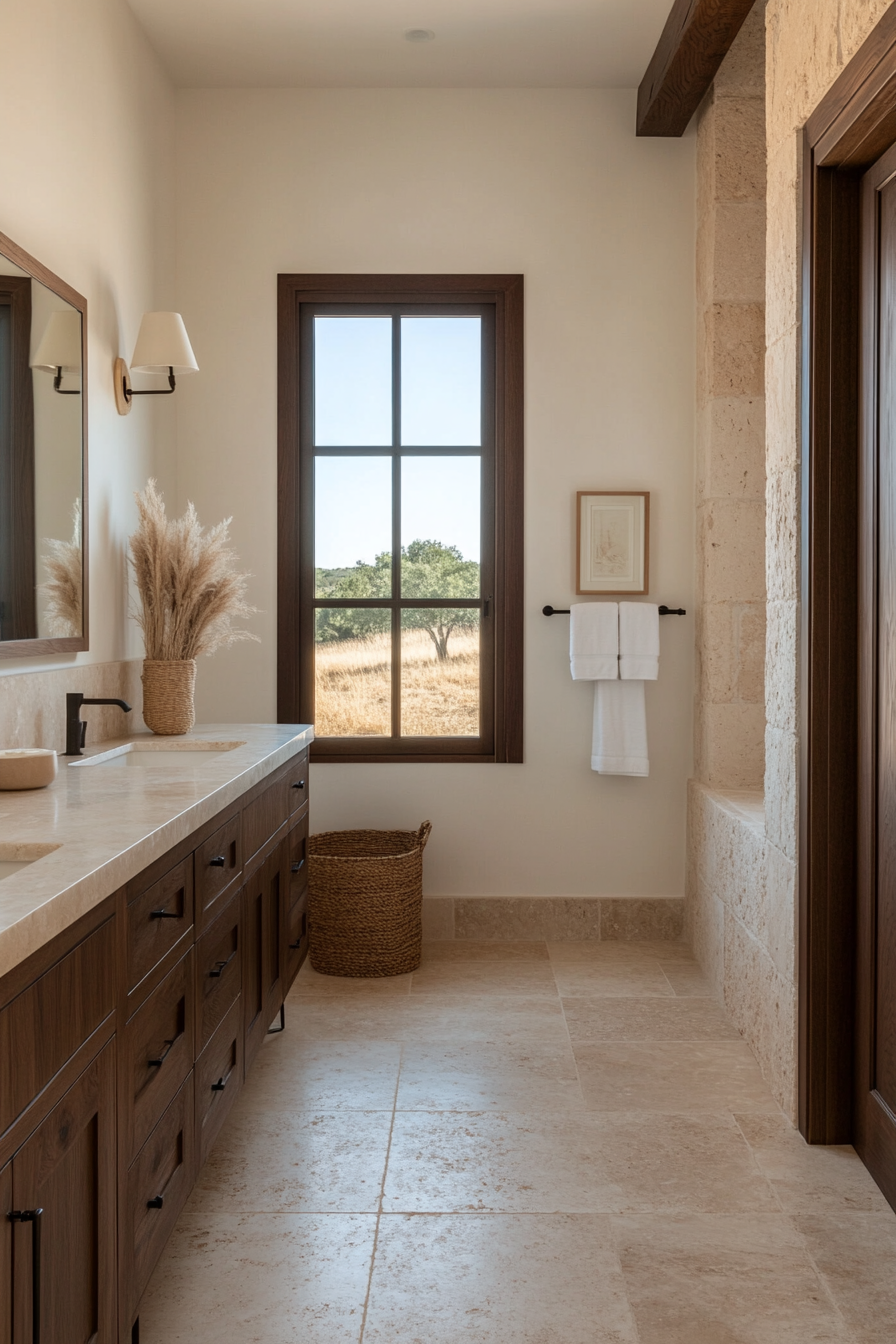 Bathroom with stone tiles and wooden vanity