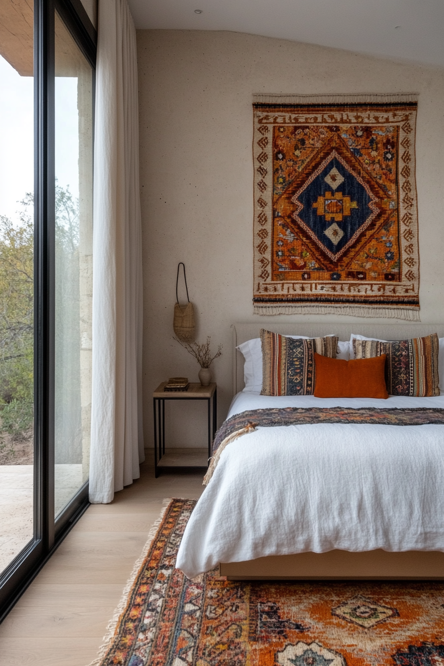 Embroidered pillows and wall hanging in a bedroom