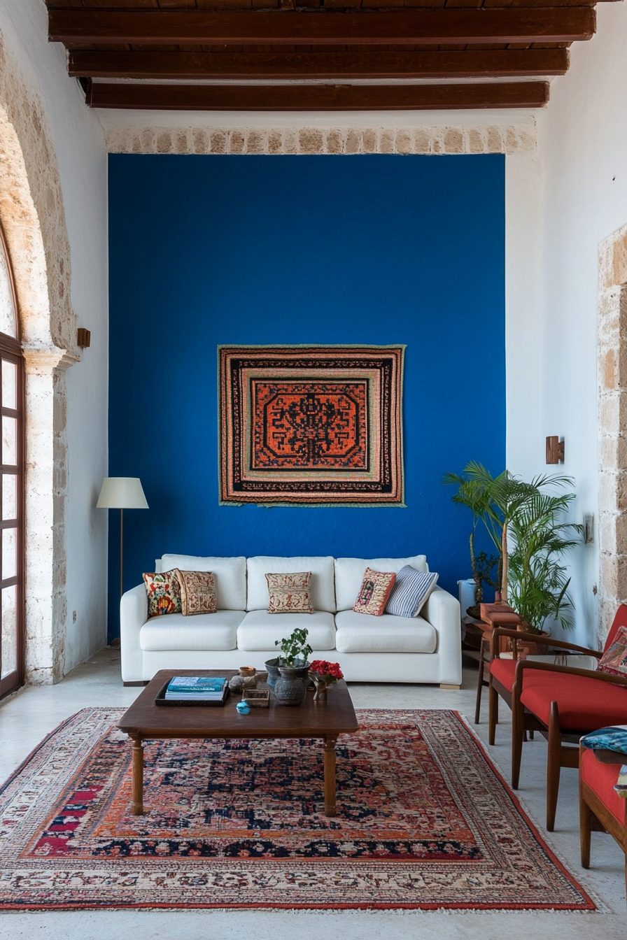 Living room with turquoise statement wall