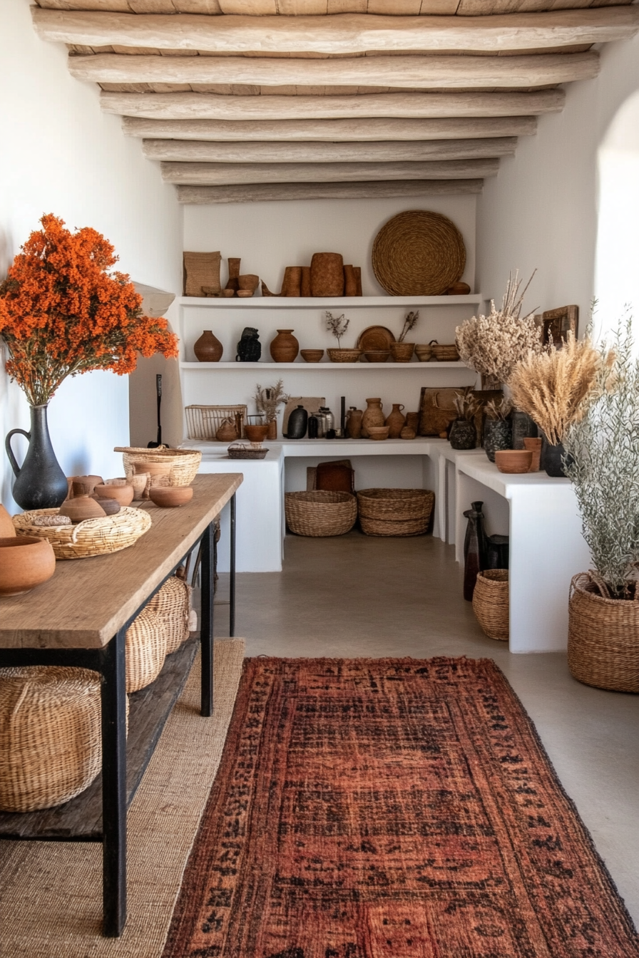 Living room with handmade items such as woven baskets