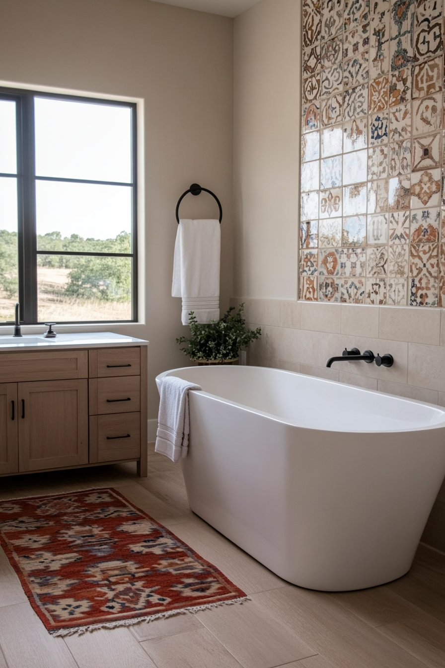 Bathroom with colorful tiled wall