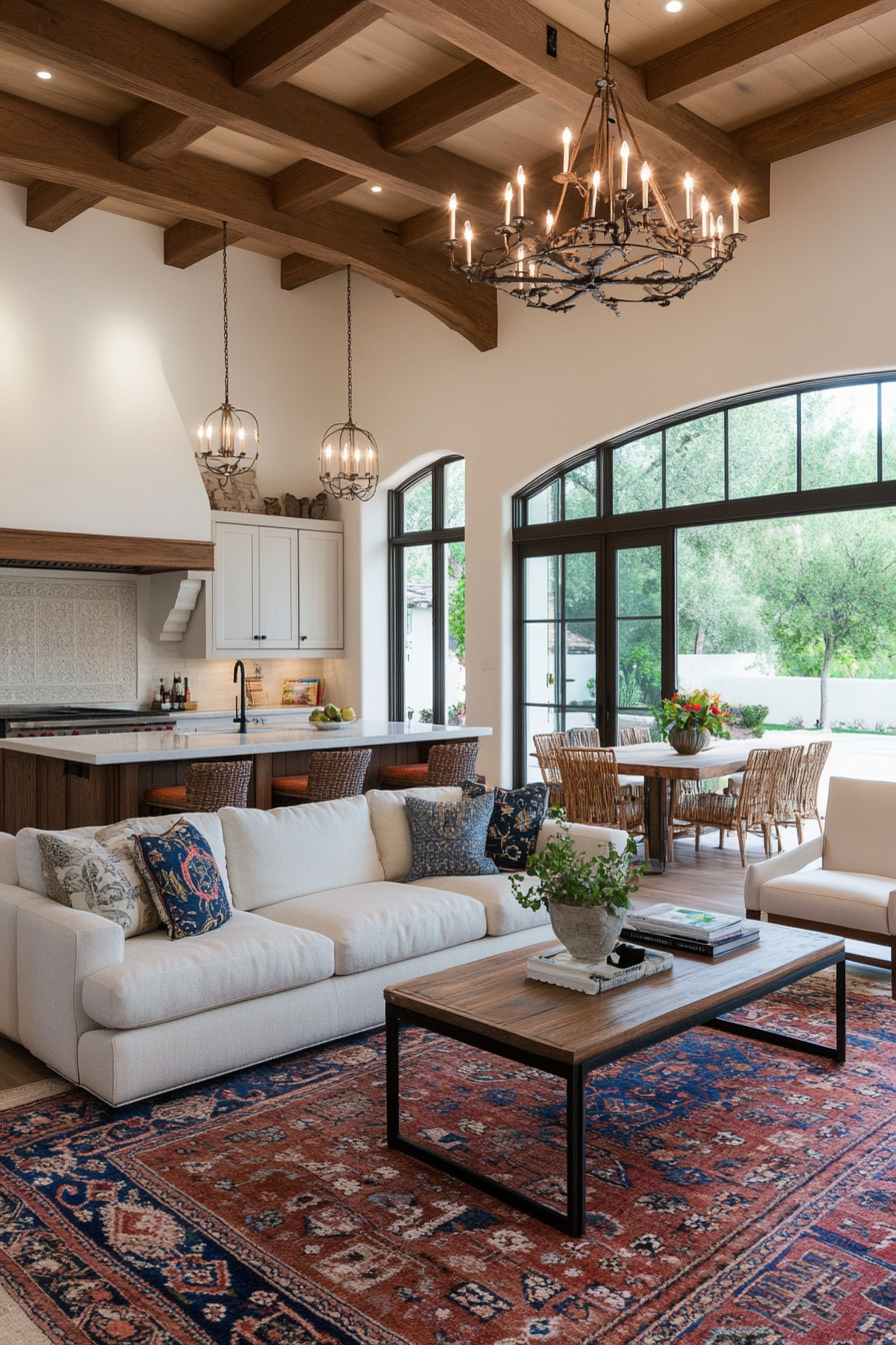 Living room with wrought iron chandelier