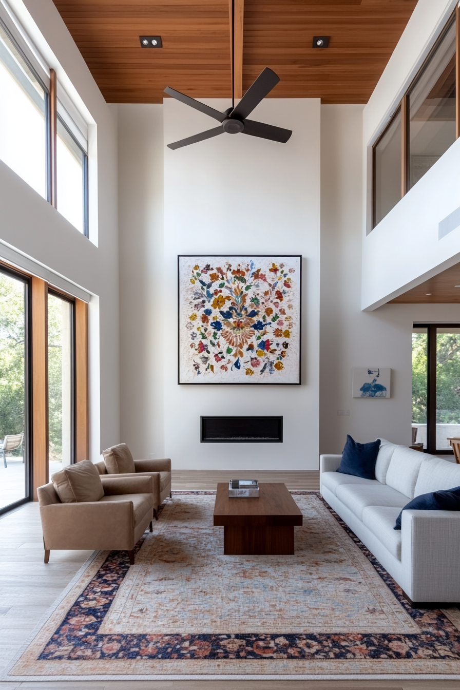 Living room with colorful artwork