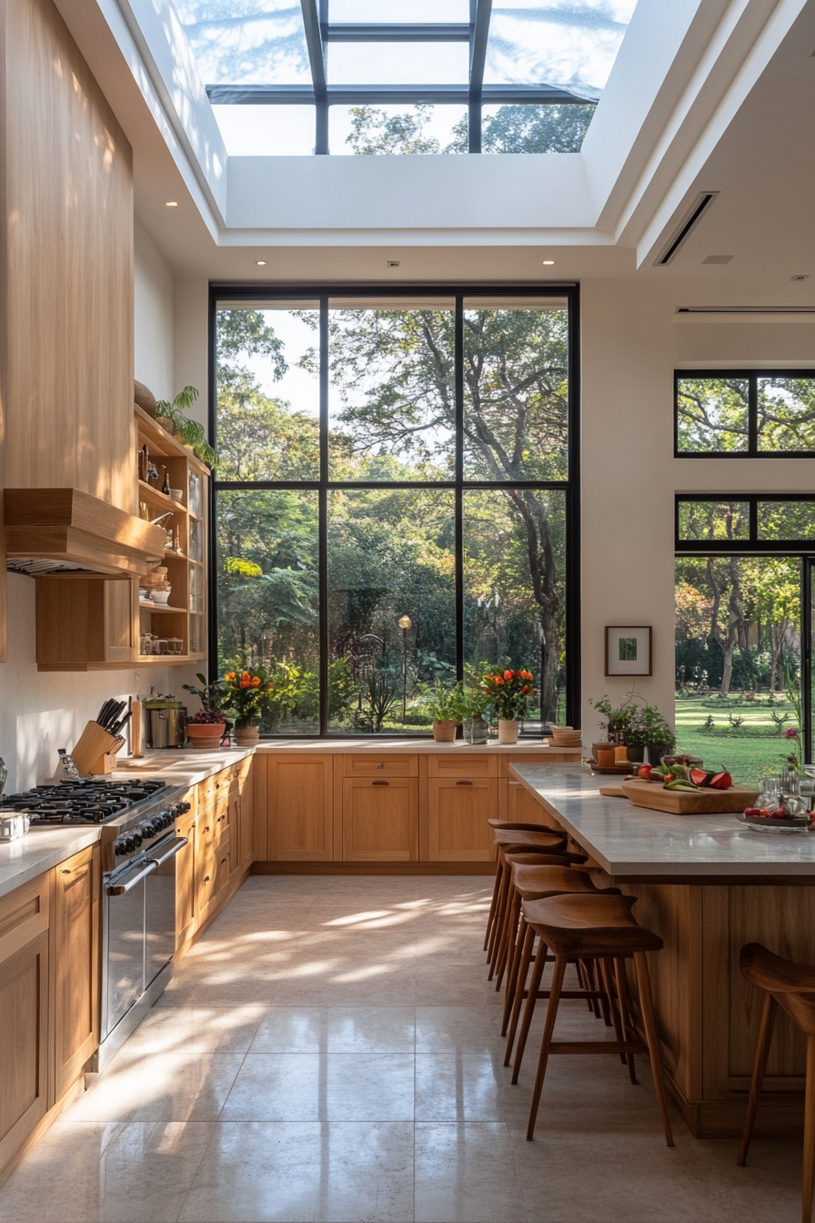 Kitchen with skylight and large windows