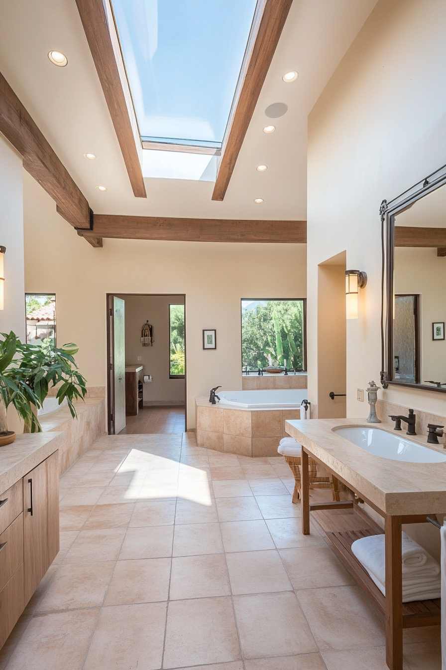 Bathroom with skylight and large windows