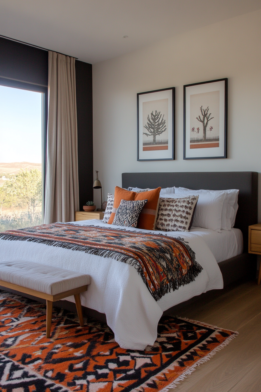 Boldly patterned bedding in a bedroom