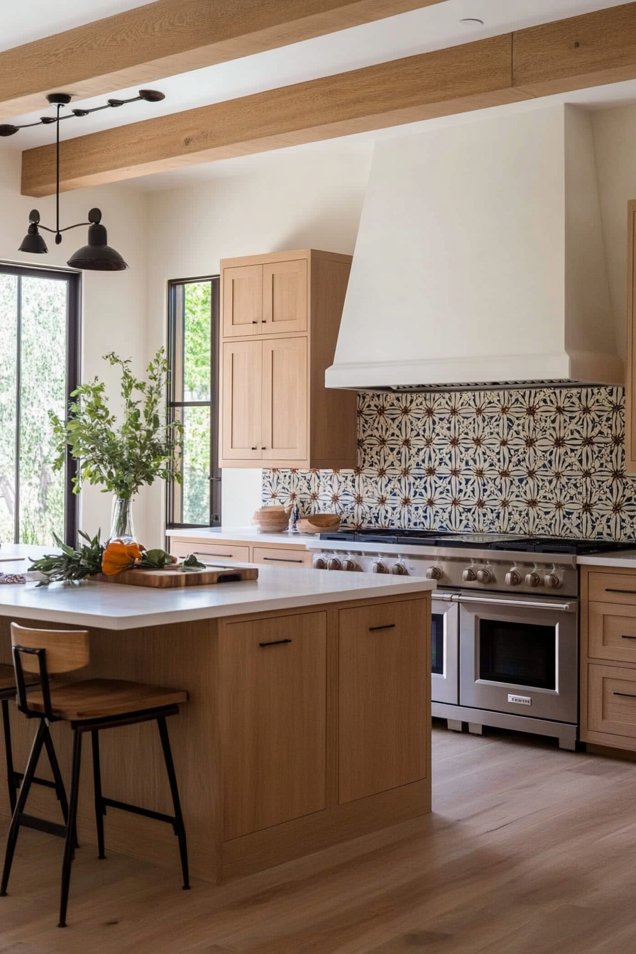 Kitchen with bold patterned tiles