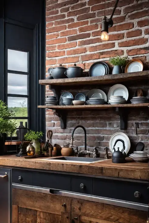 Rustic kitchen with open shelving and exposed brick