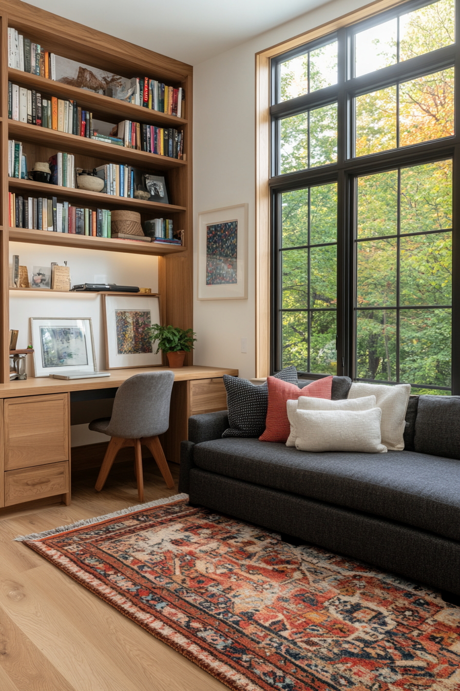 Sunlit living room with large windows and skylights