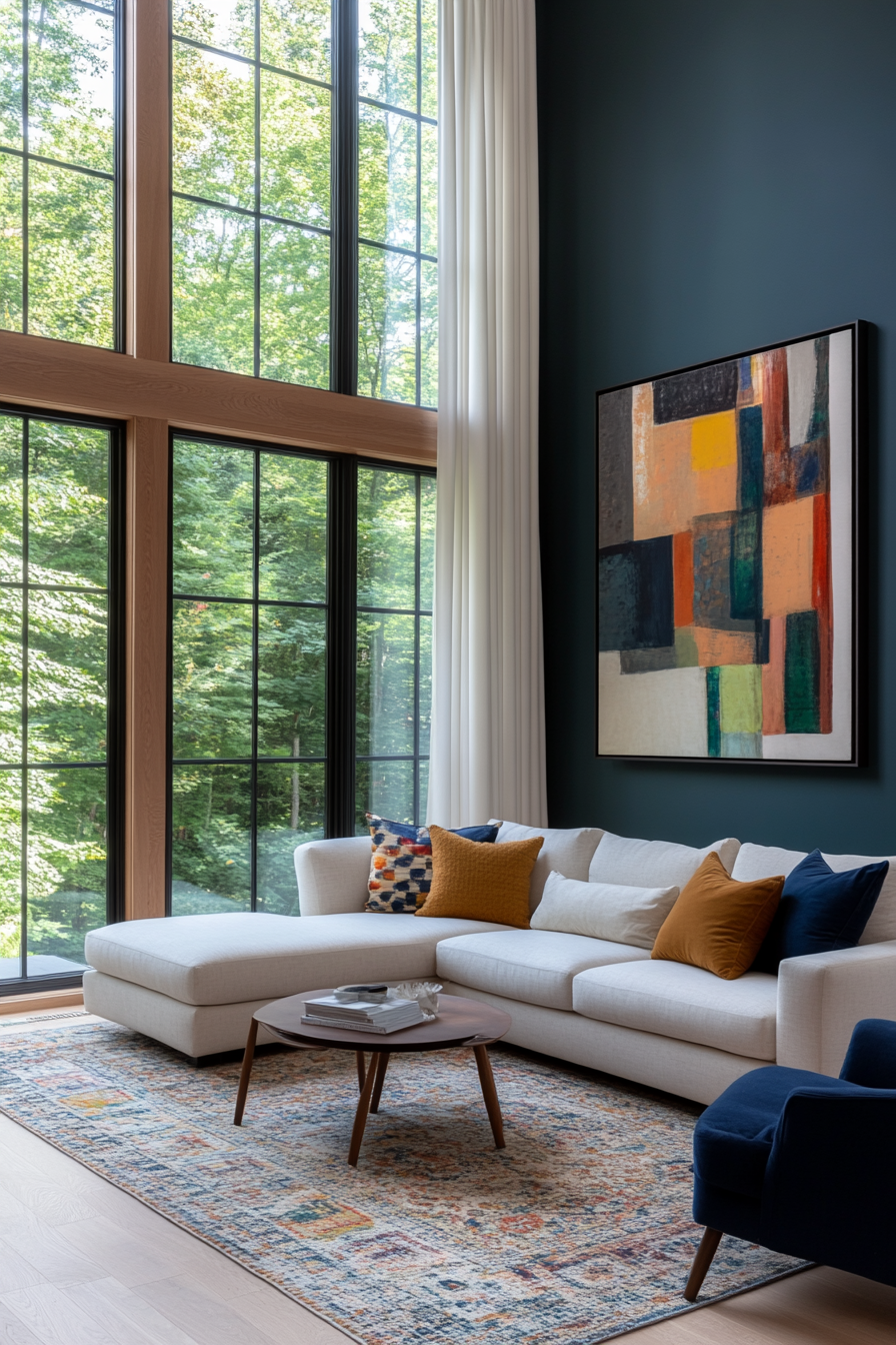 Living room with a bold teal accent wall and colorful decor