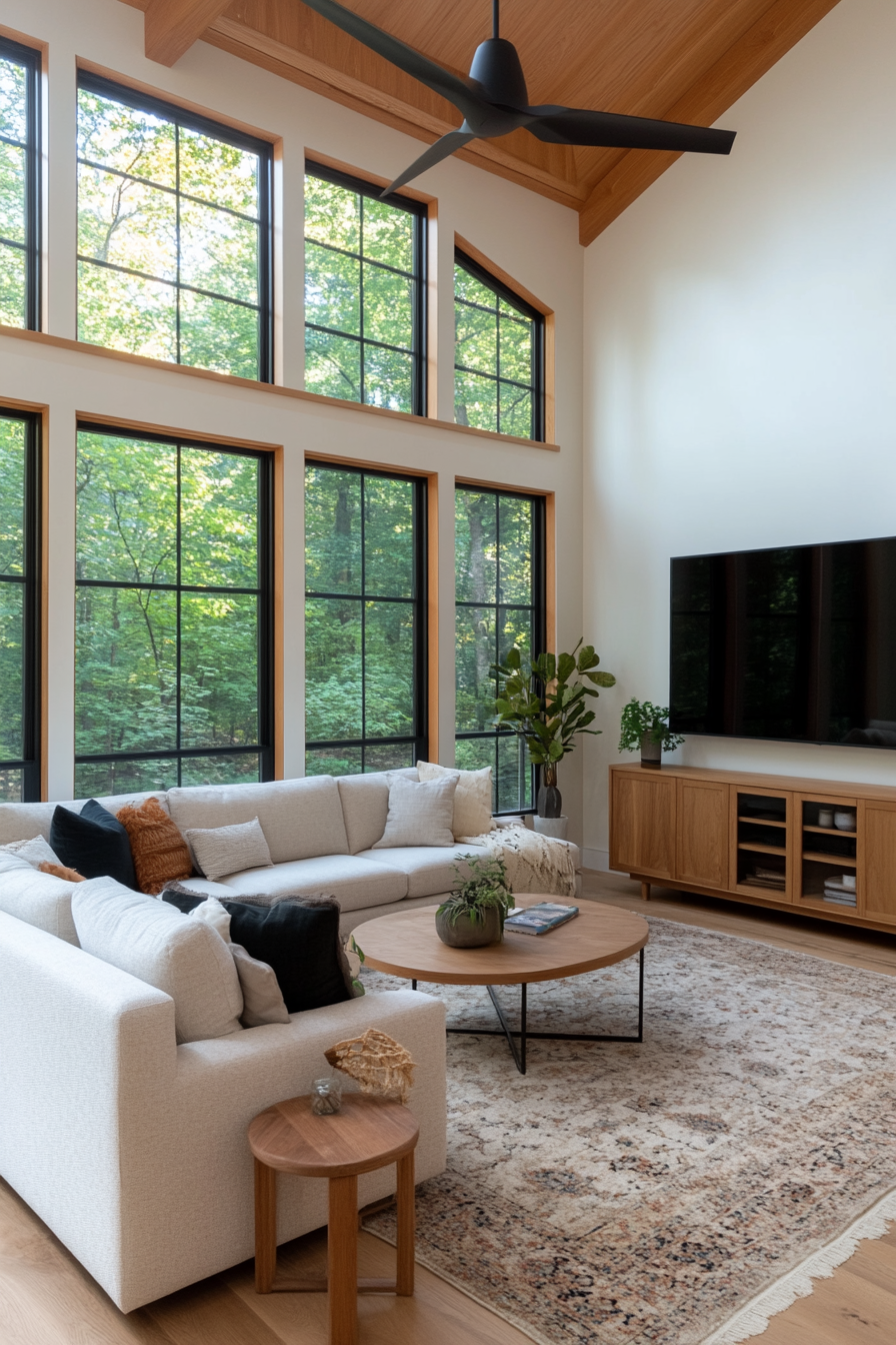 Warm and inviting living room with textured layers and natural materials