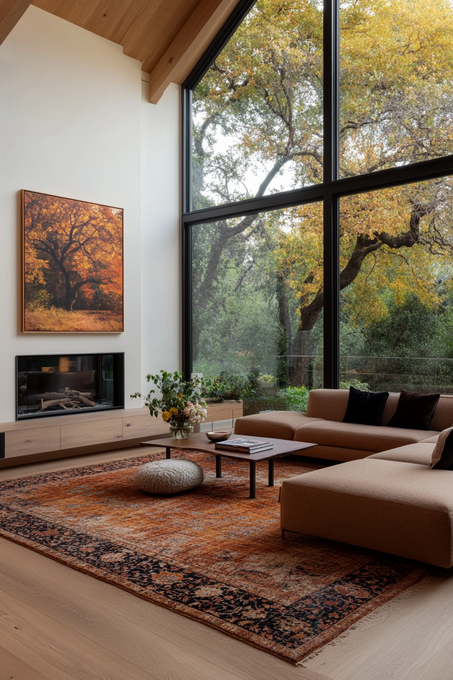 Living room with layered textures and noble materials