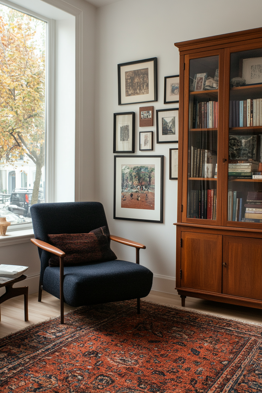 Living room with personalized art and collectibles display