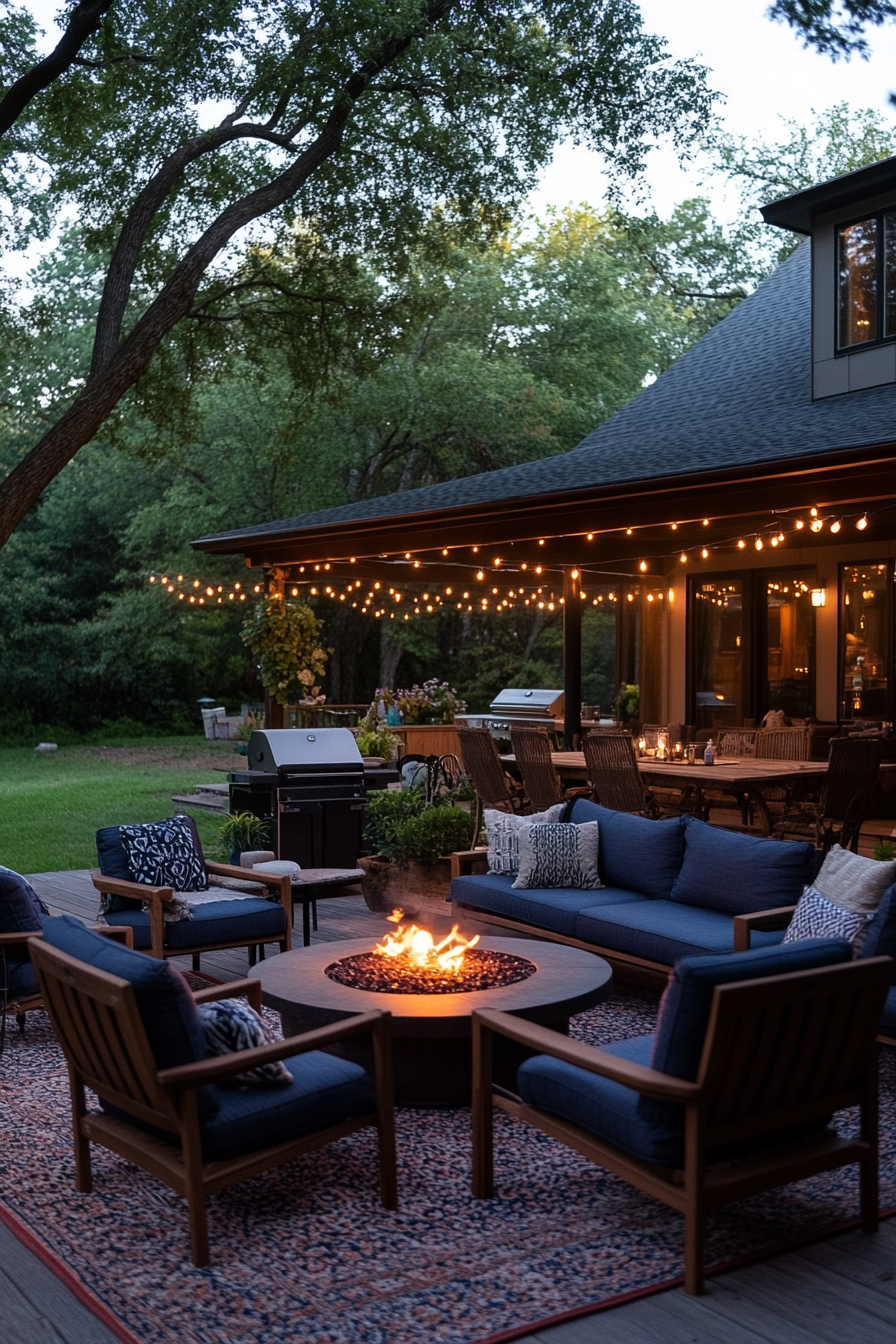 Outdoor living area with comfortable furniture and fire pit