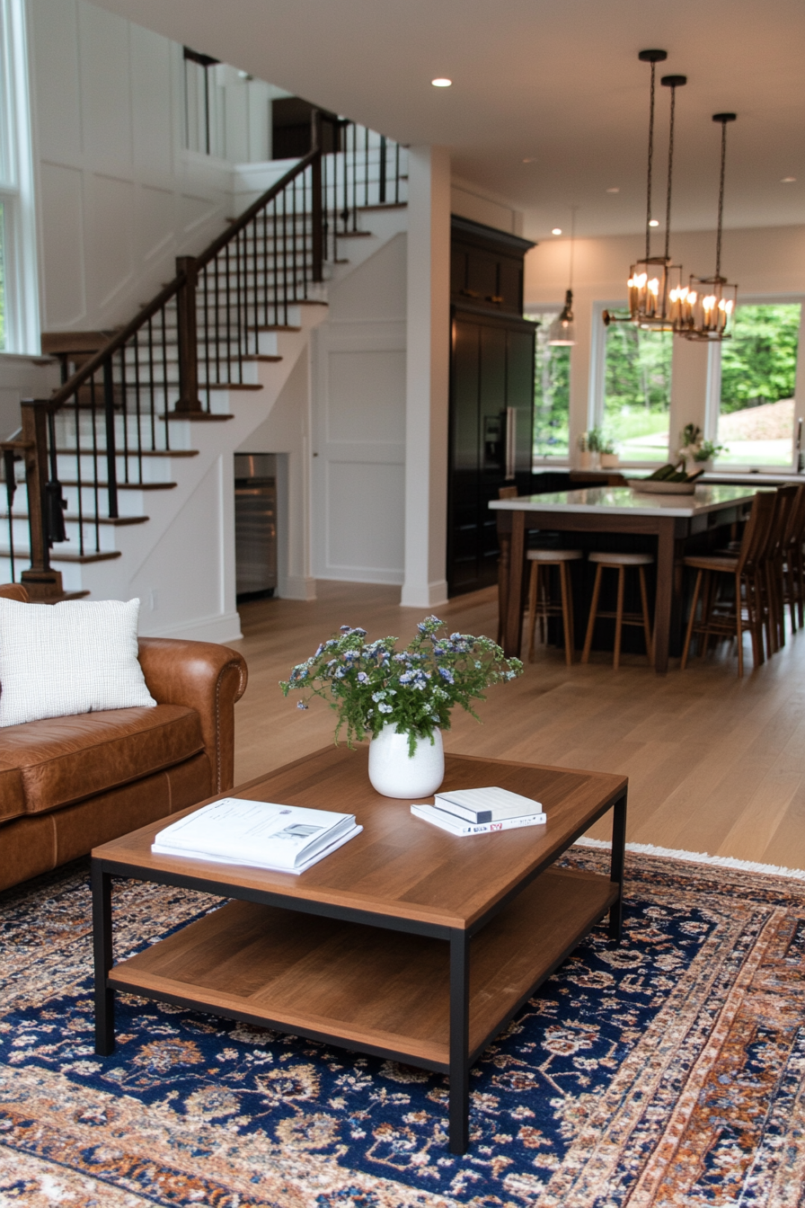 Living room with high-quality solid wood and leather furniture