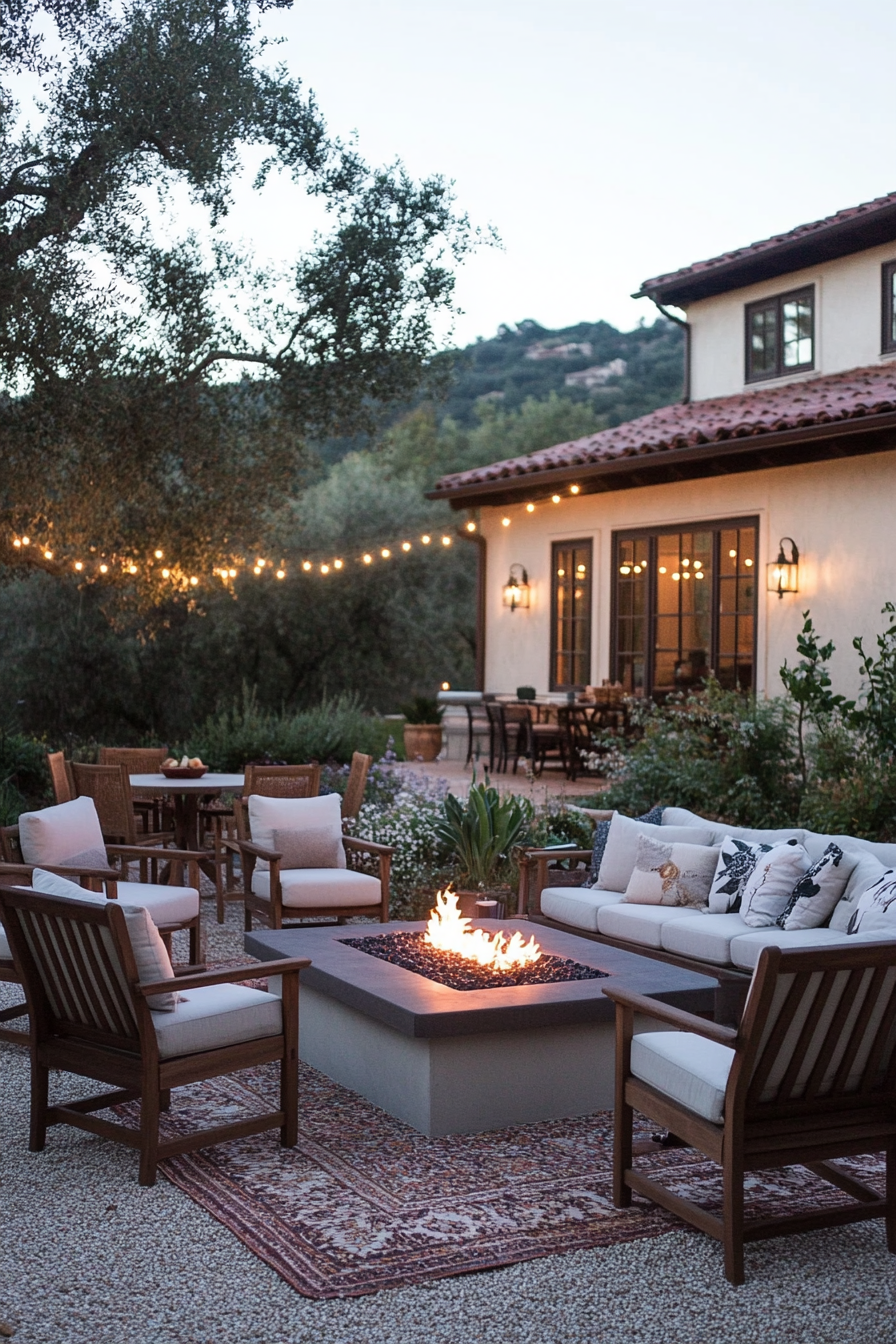 Fairy lights and outdoor decorations brighten up a cozy outdoor area