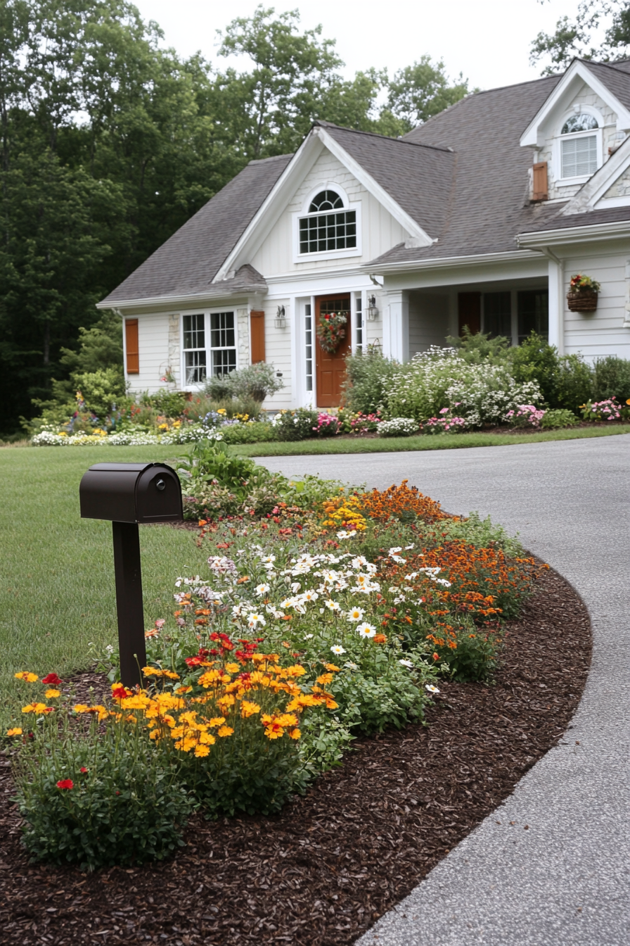 Exterior of house with manicured lawn and colorful garden