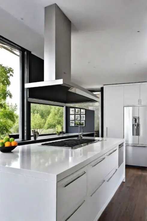 Cabinets with glass doors allow a view of colorful dishes and create a feeling of openness