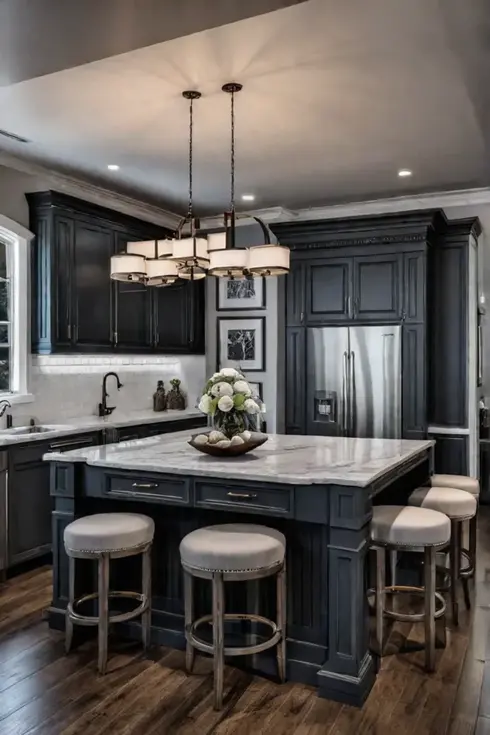 Cabinets with glass doors showcase beautifully arranged dishes and create a feeling of openness