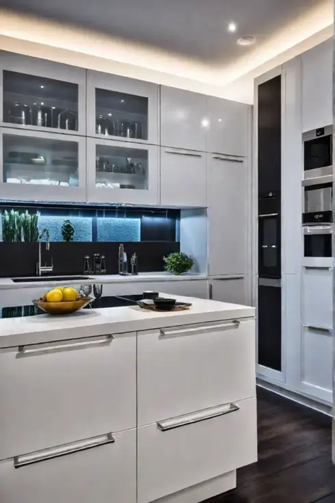 Kitchen cabinets are illuminated by strategically placed LED lights that highlight architectural details and create a functional workspace