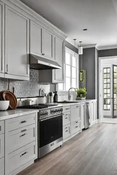 Kitchen cabinets are illuminated by under-cabinet lighting, creating a functional and inviting workspace