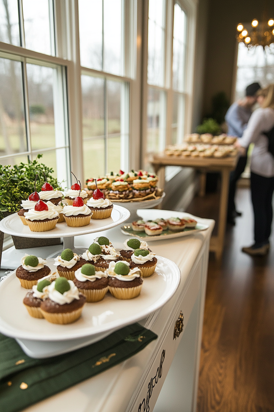 Two peas in a pod for baby shower with green, gold and white decorations