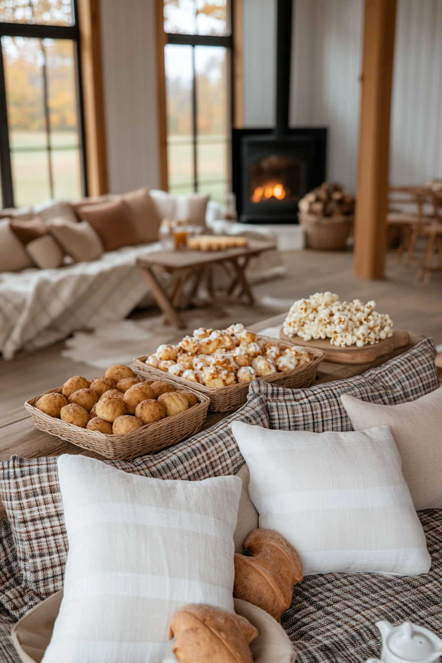 Cozy campfire-themed baby shower with earth tones and s'mores treats