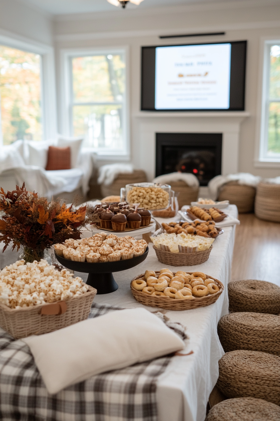 Cozy campfire-themed baby shower with earth tones and s'mores treats