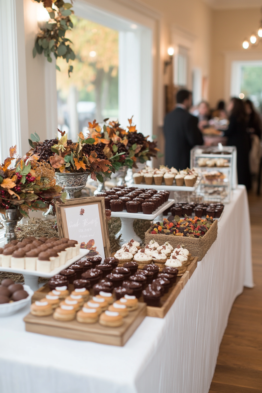 Fall baby shower for boys with leaf garlands and acorn toppers