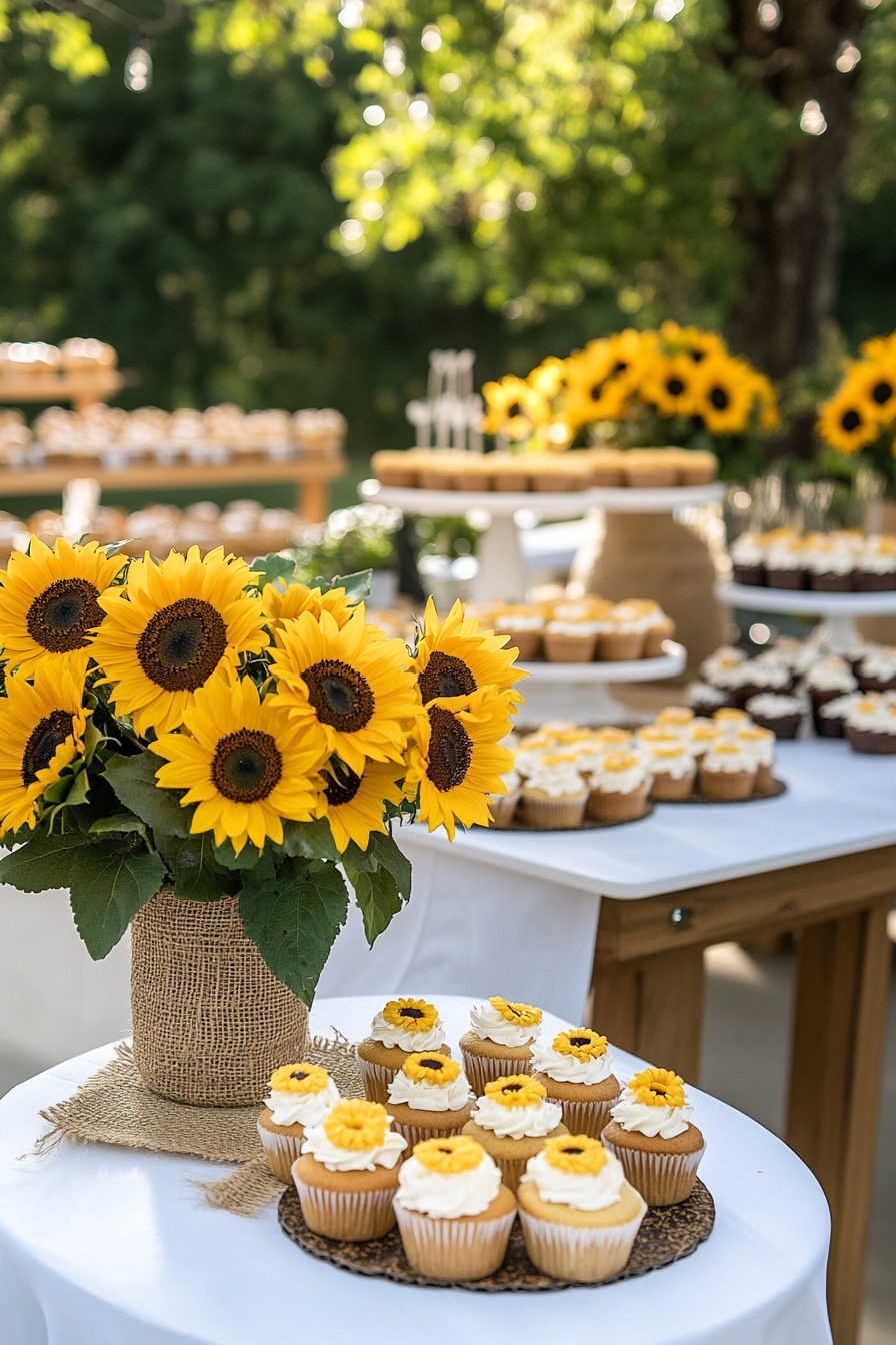 Sunflower themed baby shower with yellow, brown and green decorations