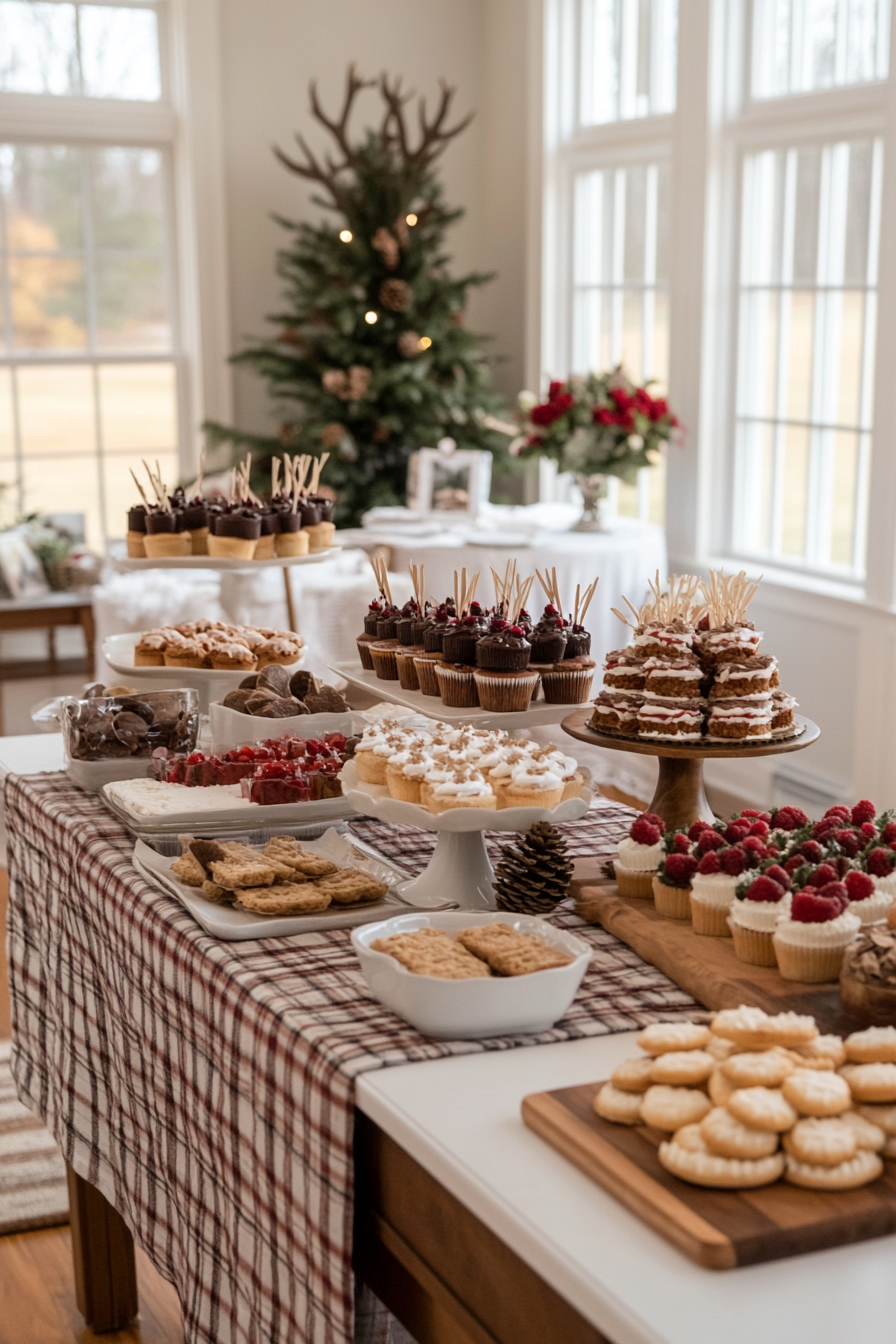 Cozy cabin style baby shower with deep green, red and brown decorations