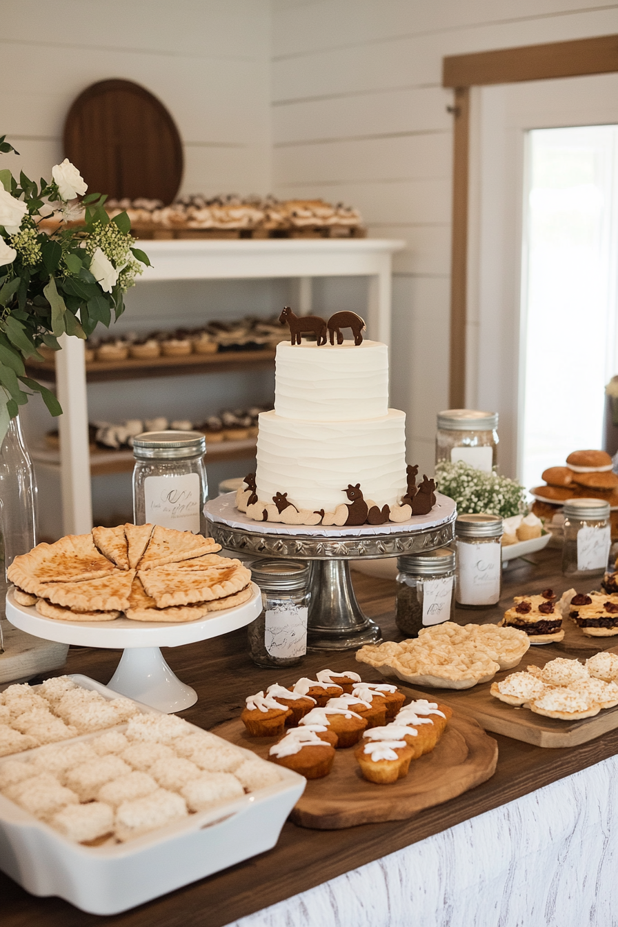 Farmhouse style baby shower with white, gray and natural wood tones