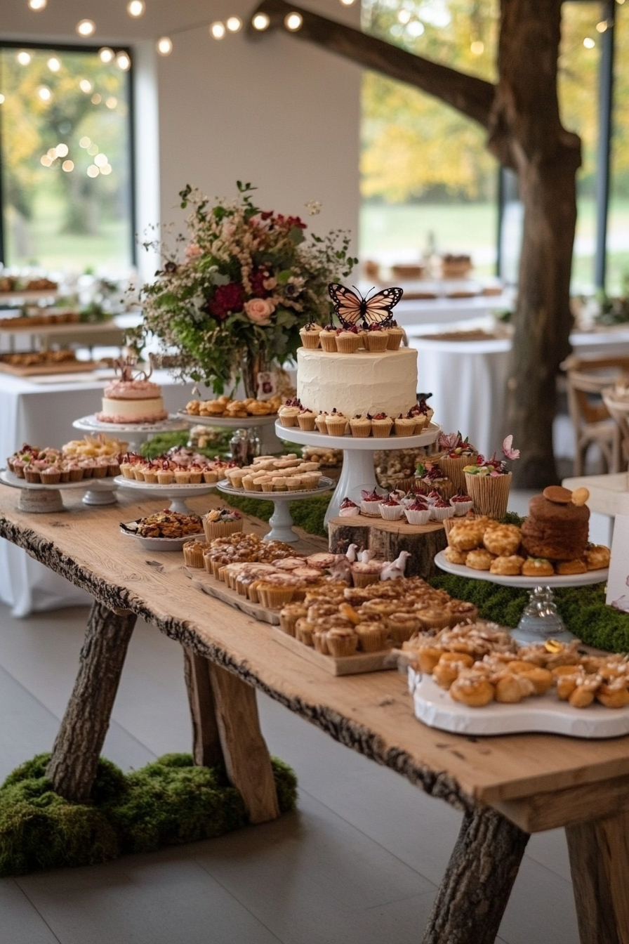 Forest fairytale baby shower with soft green, pink and gold decorations