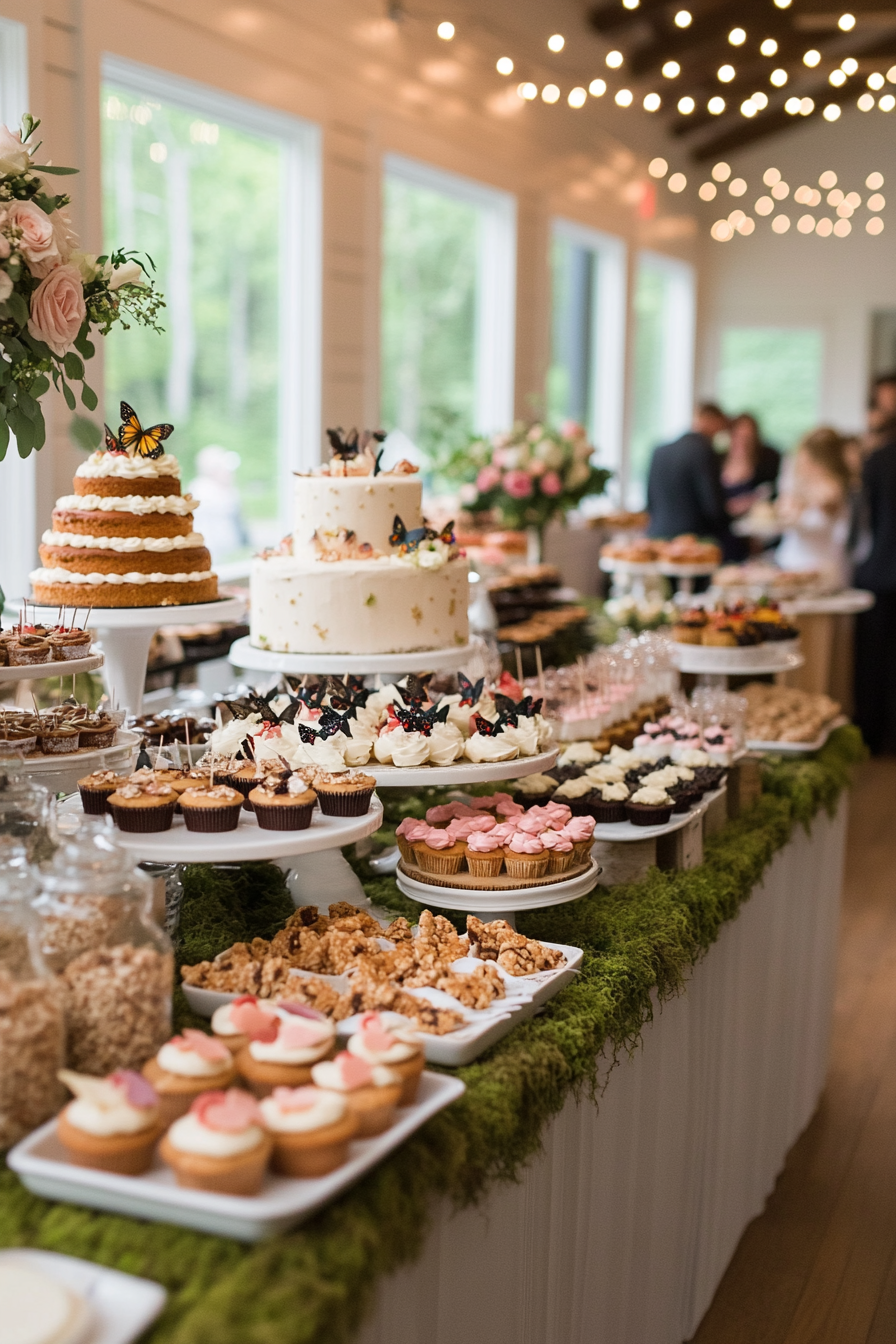 Forest fairytale baby shower with soft green, pink and gold decorations