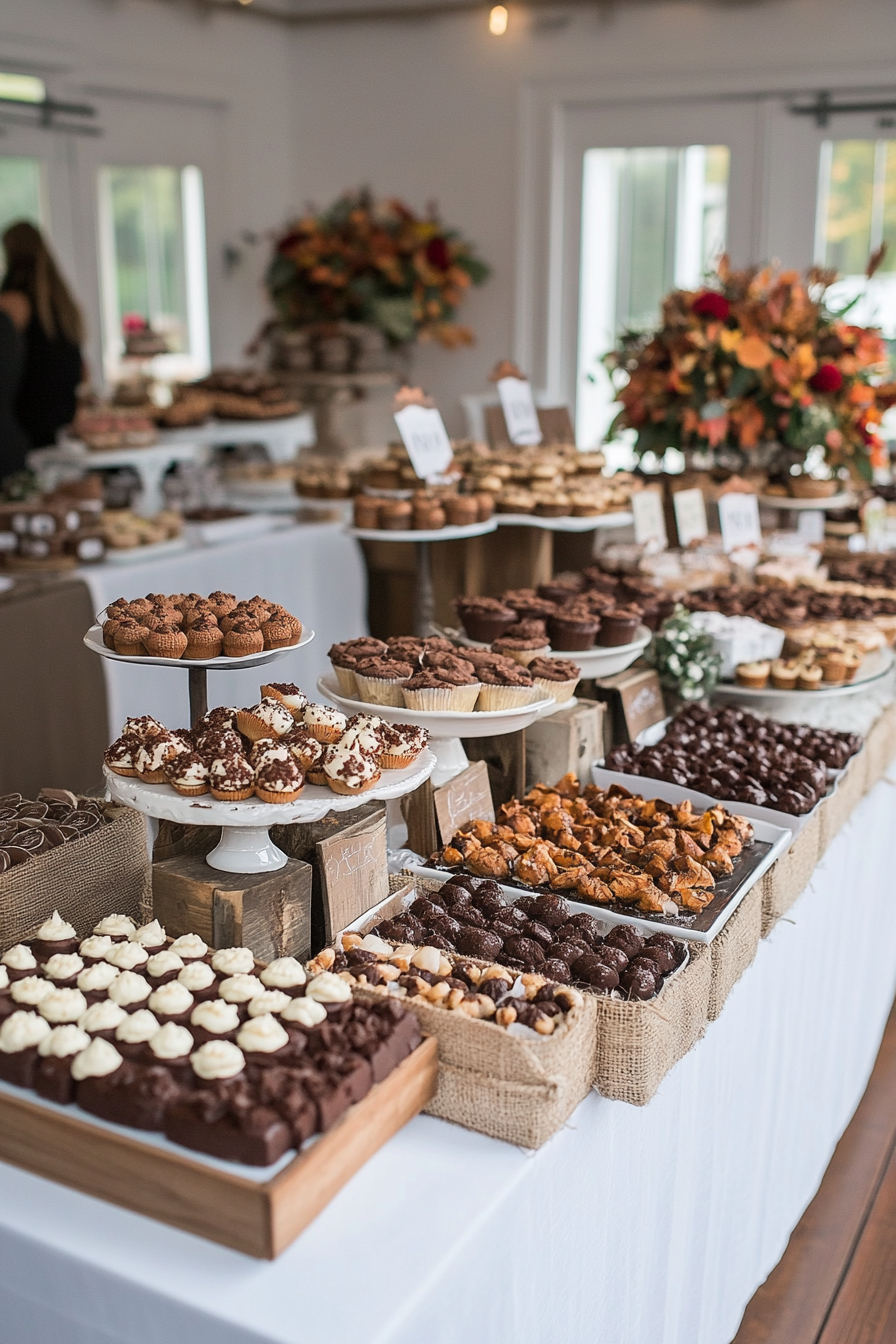 Fall baby shower for boys with leaf garlands and acorn toppers