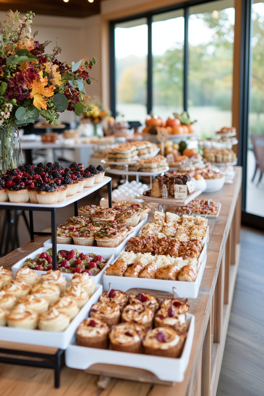 Fall harvest brunch baby shower with rich orange, yellow and brown decorations