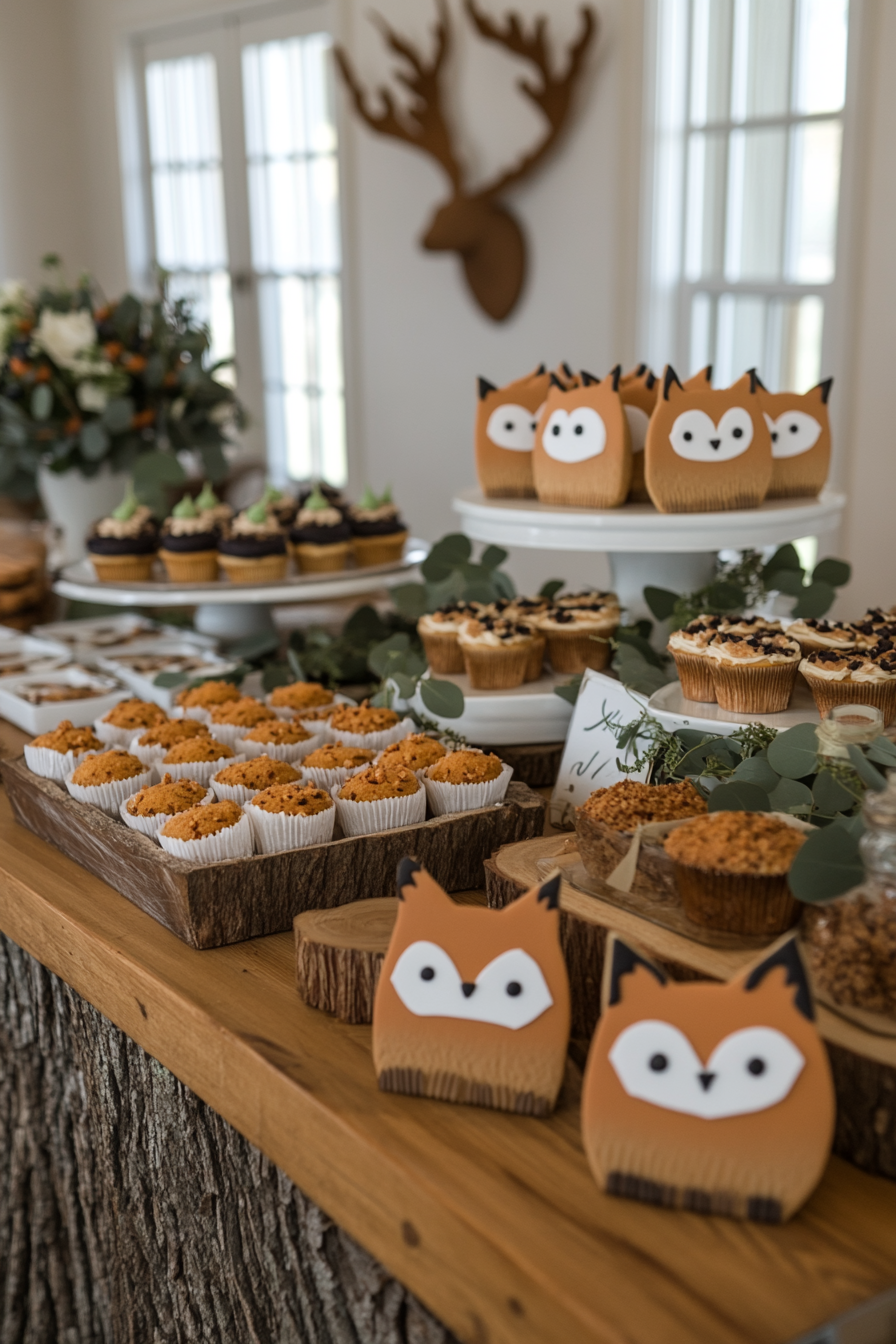 Woodland creature style baby shower with green, brown and soft blue decorations