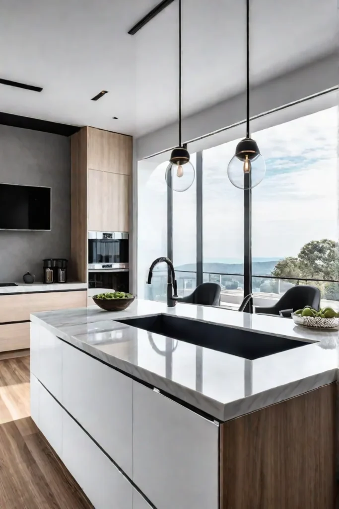 Light laminate kitchen worktops with a white marble pattern